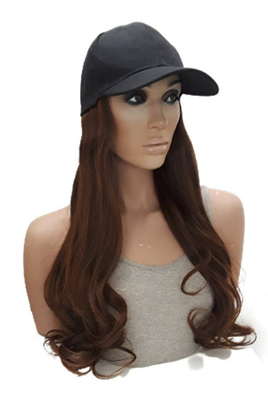 Baseball Cap with Hair Extensions for Women Adjustable Hat with Synthetic Wig Attached Long Straight Hair Black Baseball Cap Auburn Brown