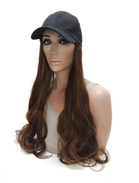 Baseball Cap with Hair Extensions for Women Adjustable Hat with Auburn Brown Synthetic Wig Attached Long Straight Hair Black Baseball Cap