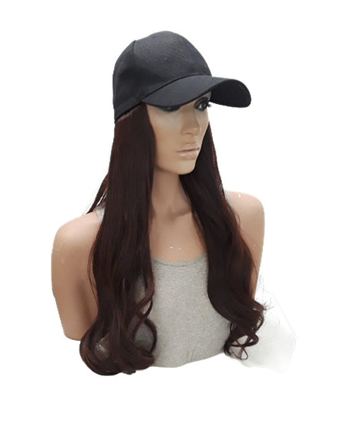 Baseball Cap with Hair Extensions for Women Adjustable Hat with Dark Brown Synthetic Wig Attached Long Straight Hair Black Baseball Cap