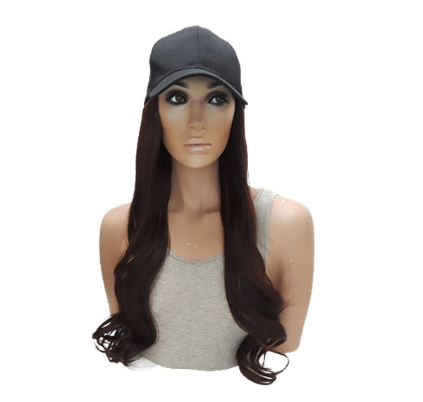 Baseball Cap with Hair Extensions for Women Adjustable Hat with Dark Brown Synthetic Wig Attached Long Straight Hair Black Baseball Cap